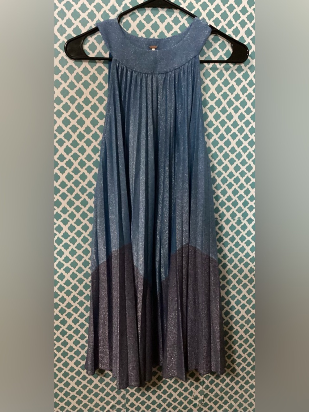 Free People Pleated Love Metallic Mini Dress in a shimmery blue color. Small